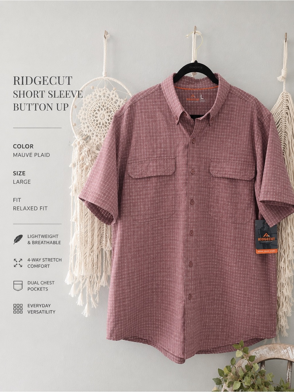 Ridgecut Mauve Plaid Short Sleeve Button-Up Shirt - Men
